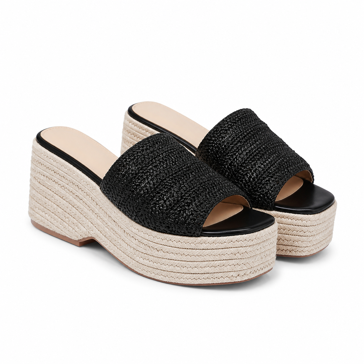 Deep Black Women's Open-Toe Raffia Slip-On Wedge Sandals