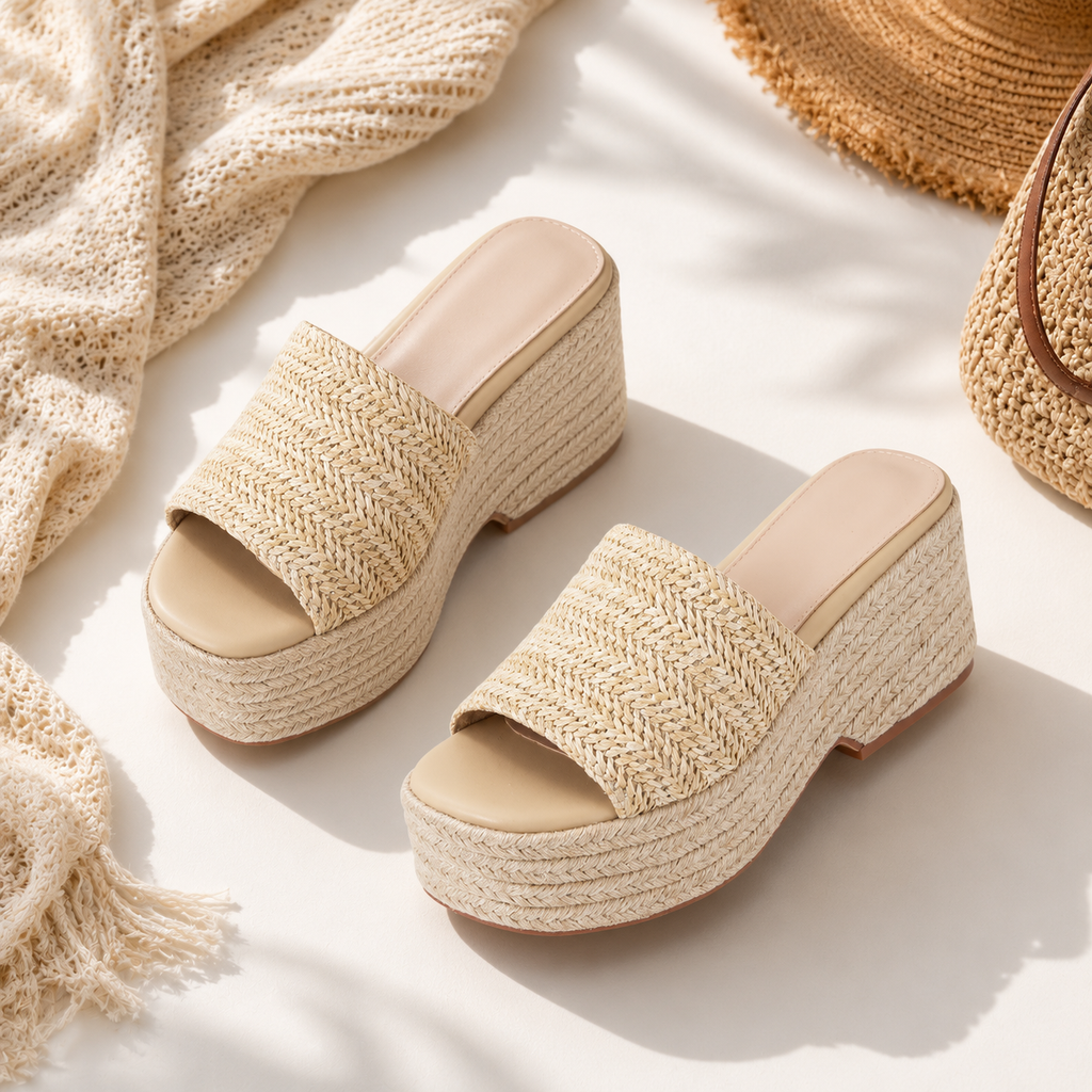 Soft Apricot Women's Open-Toe Raffia Slip-On Wedge Sandals styled scene