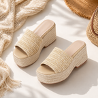 Soft Apricot Women's Open-Toe Raffia Slip-On Wedge Sandals styled scene