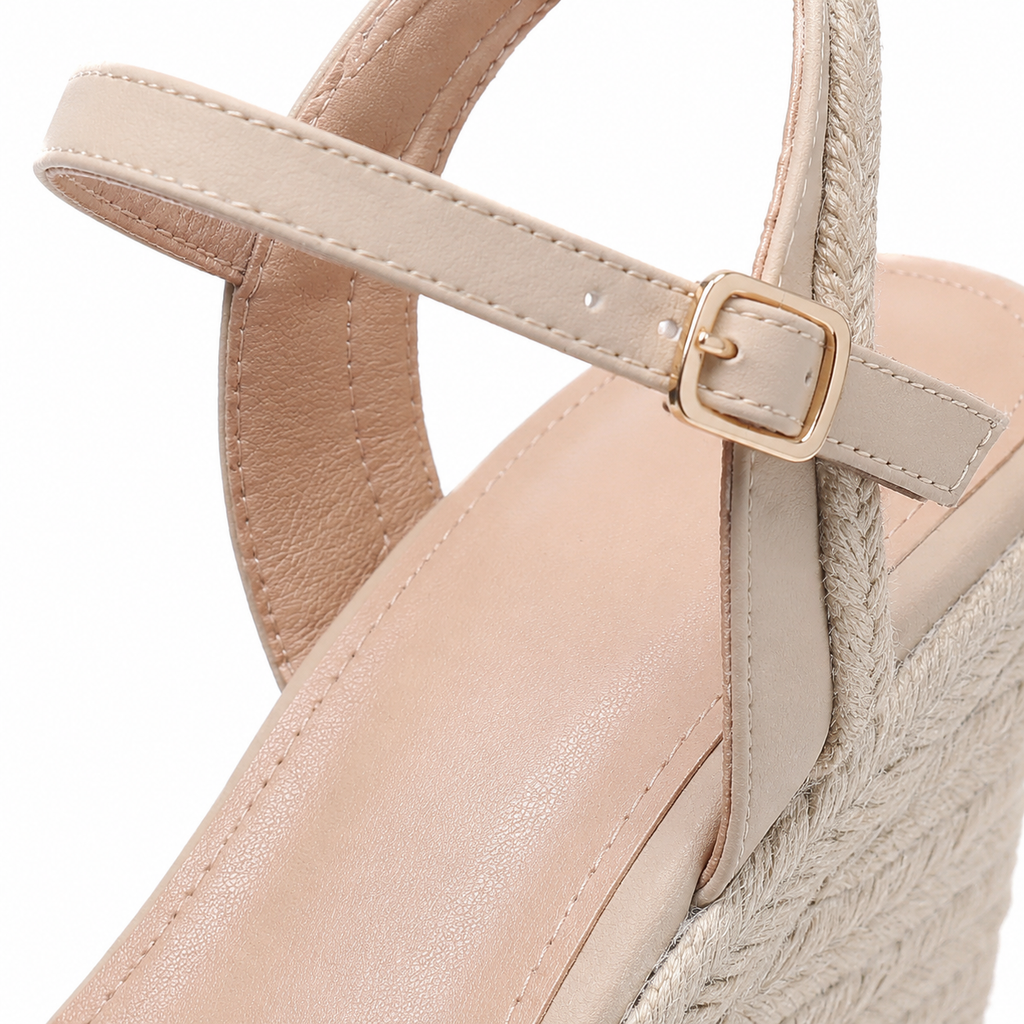 Warm Beige Women's Open-Toe Platform-Wedge Suede Ankle-Strap Sandals close-up detail
