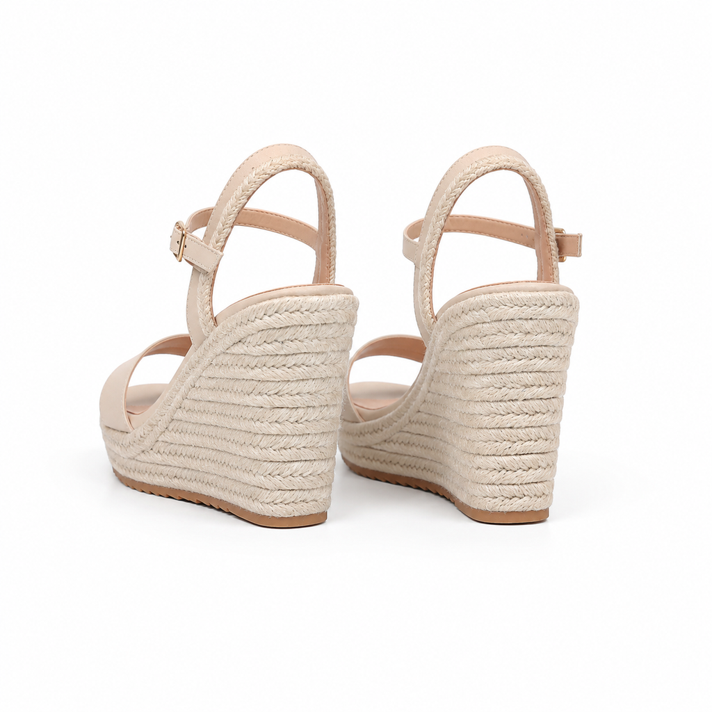 Warm Beige Women's Open-Toe Platform-Wedge Suede Ankle-Strap Sandals heel detail