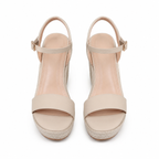 Warm Beige Women's Open-Toe Platform-Wedge Suede Ankle-Strap Sandals top view
