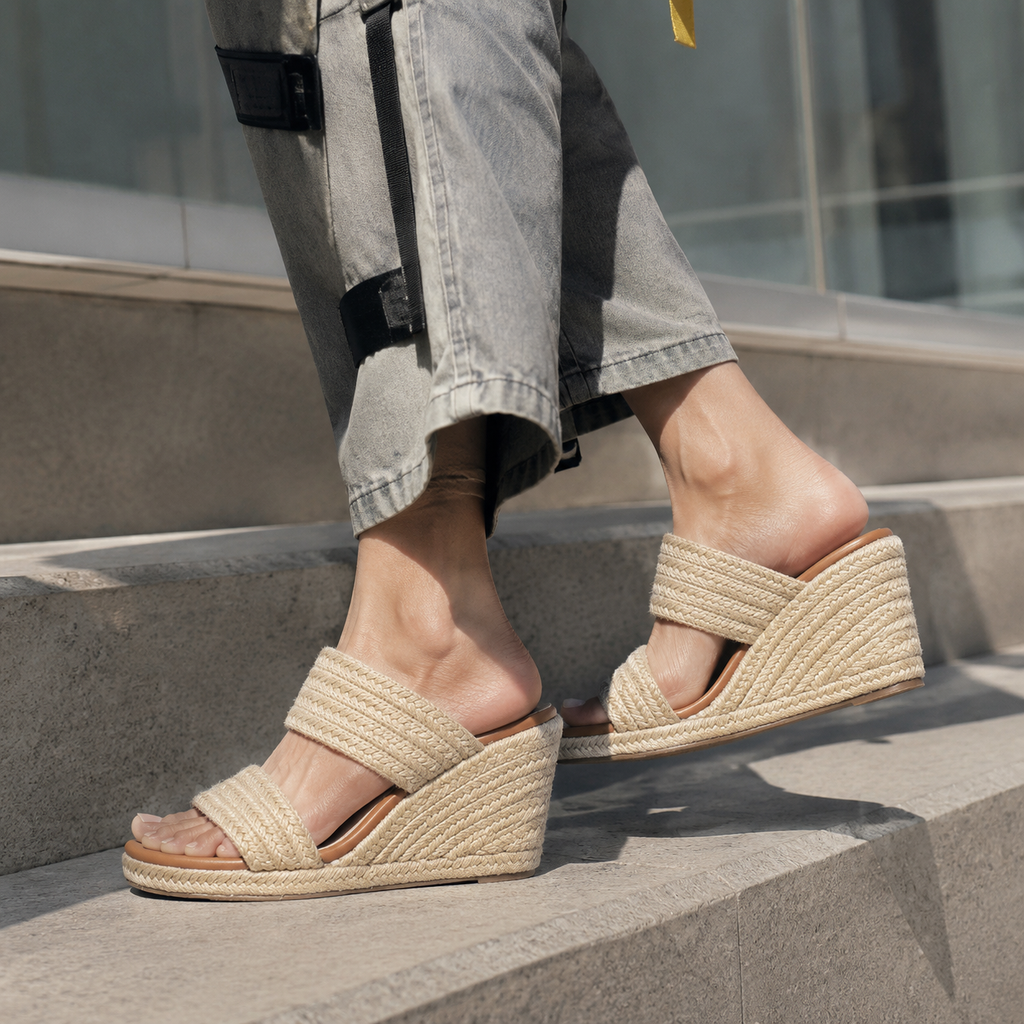 Naturalstraw Women's Open-Toe Wedge Jute Multi-Strap Sandals on-foot view
