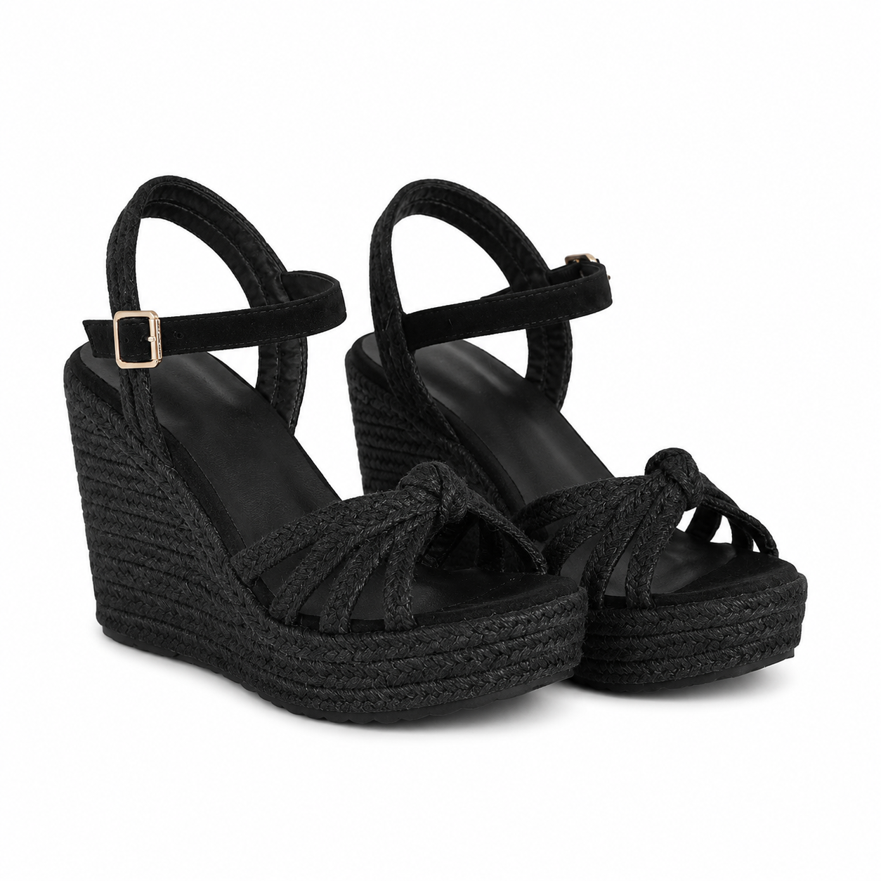 Deep Black Women's Open-Toe Wedge Microfiber Lace-Up Ankle-Strap Sandals