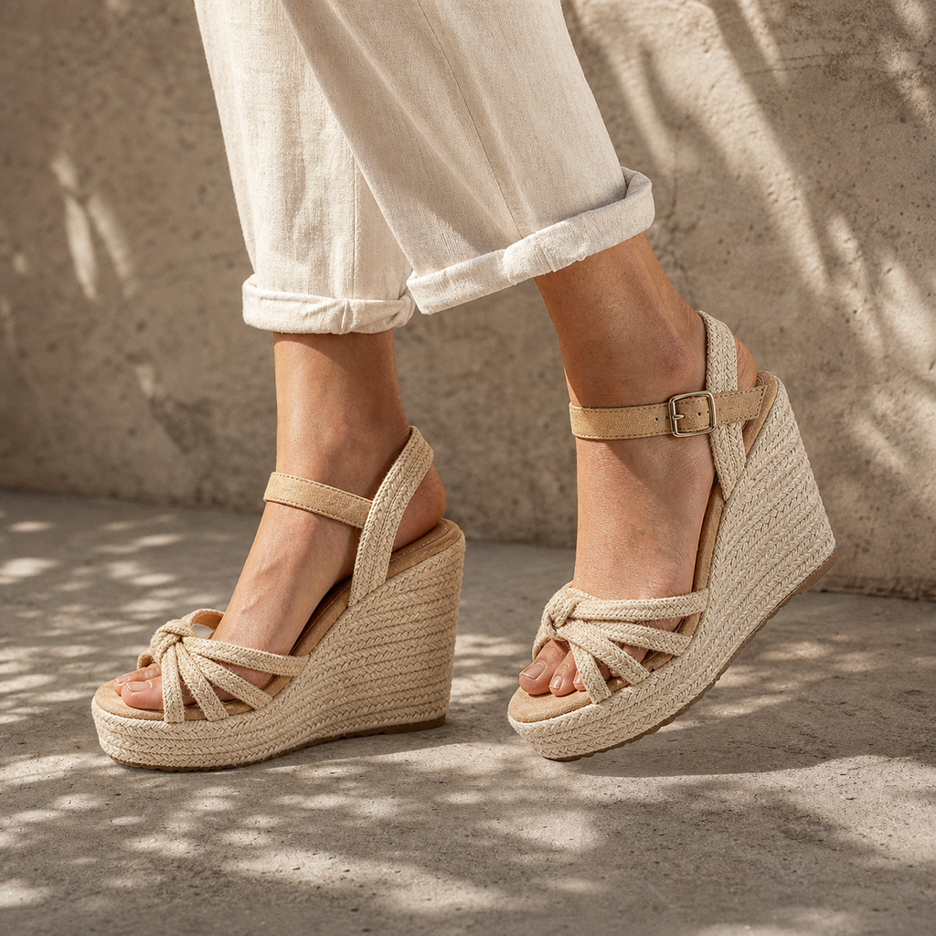 Soft Apricot Women's Open-Toe Wedge Microfiber Lace-Up Ankle-Strap Sandals on-foot view