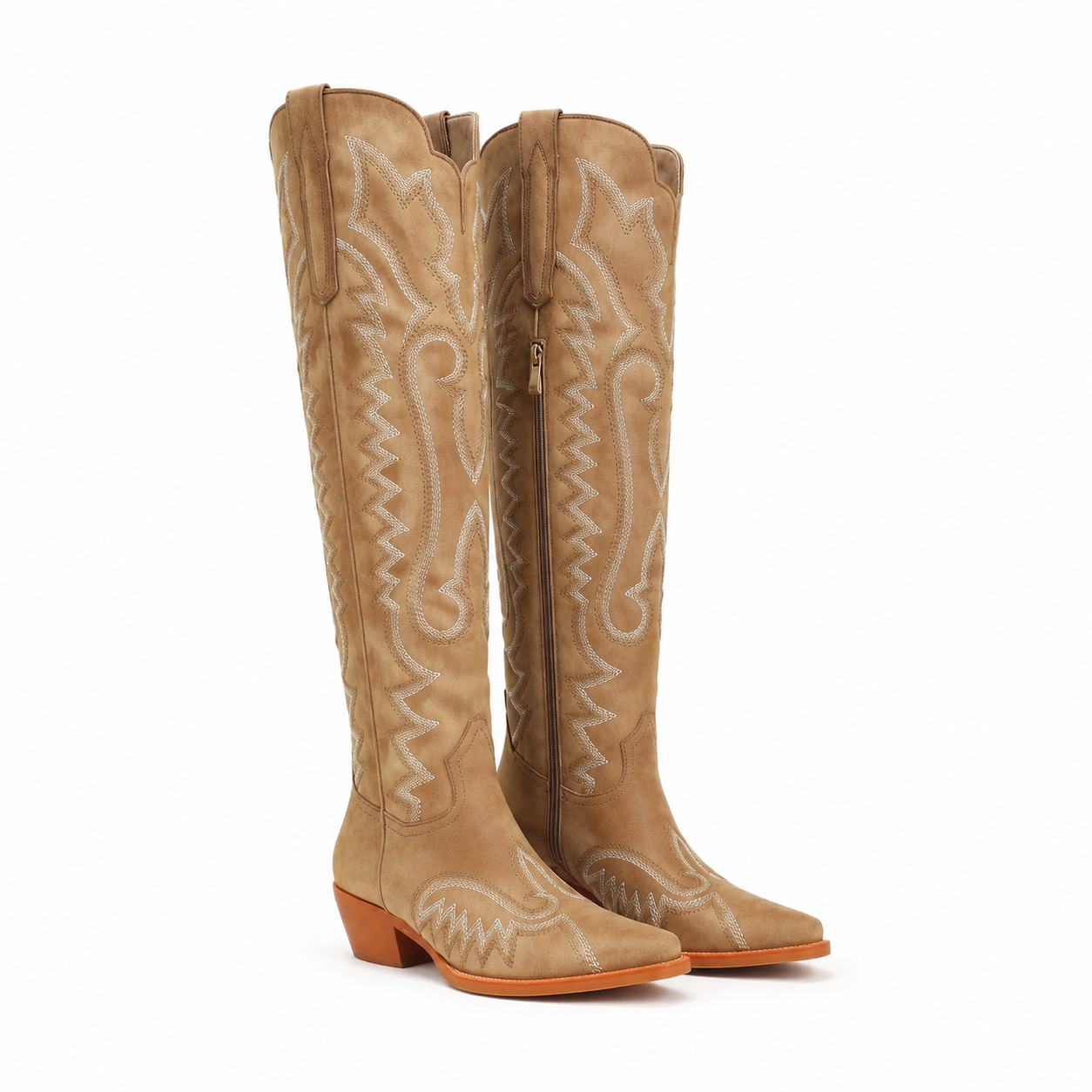 Soft Apricot Women's Snip-Toe Block-Heel Sheepskin Embroidered Knee-High Boots
