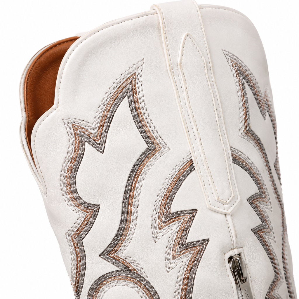 Warm Beige Women's Snip-Toe Block-Heel Sheepskin Embroidered Knee-High Boots close-up detail