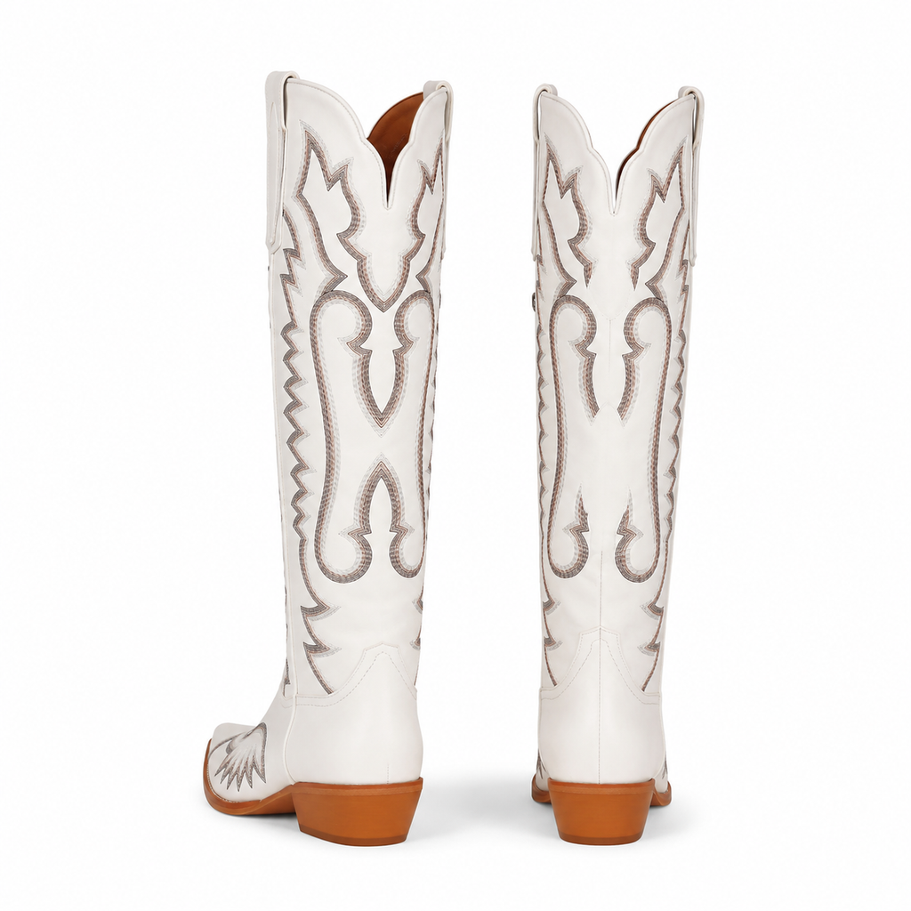 Warm Beige Women's Snip-Toe Block-Heel Sheepskin Embroidered Knee-High Boots heel detail