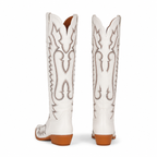 Warm Beige Women's Snip-Toe Block-Heel Sheepskin Embroidered Knee-High Boots heel detail