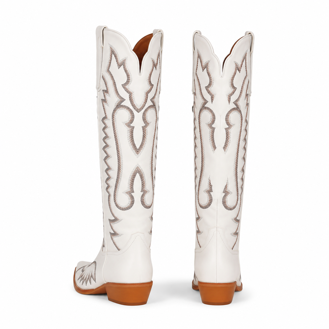 Warm Beige Women's Snip-Toe Block-Heel Sheepskin Embroidered Knee-High Boots heel detail
