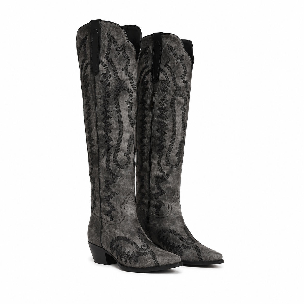 Deep Black 2 Women's Snip-Toe Block-Heel Sheepskin Embroidered Knee-High Boots