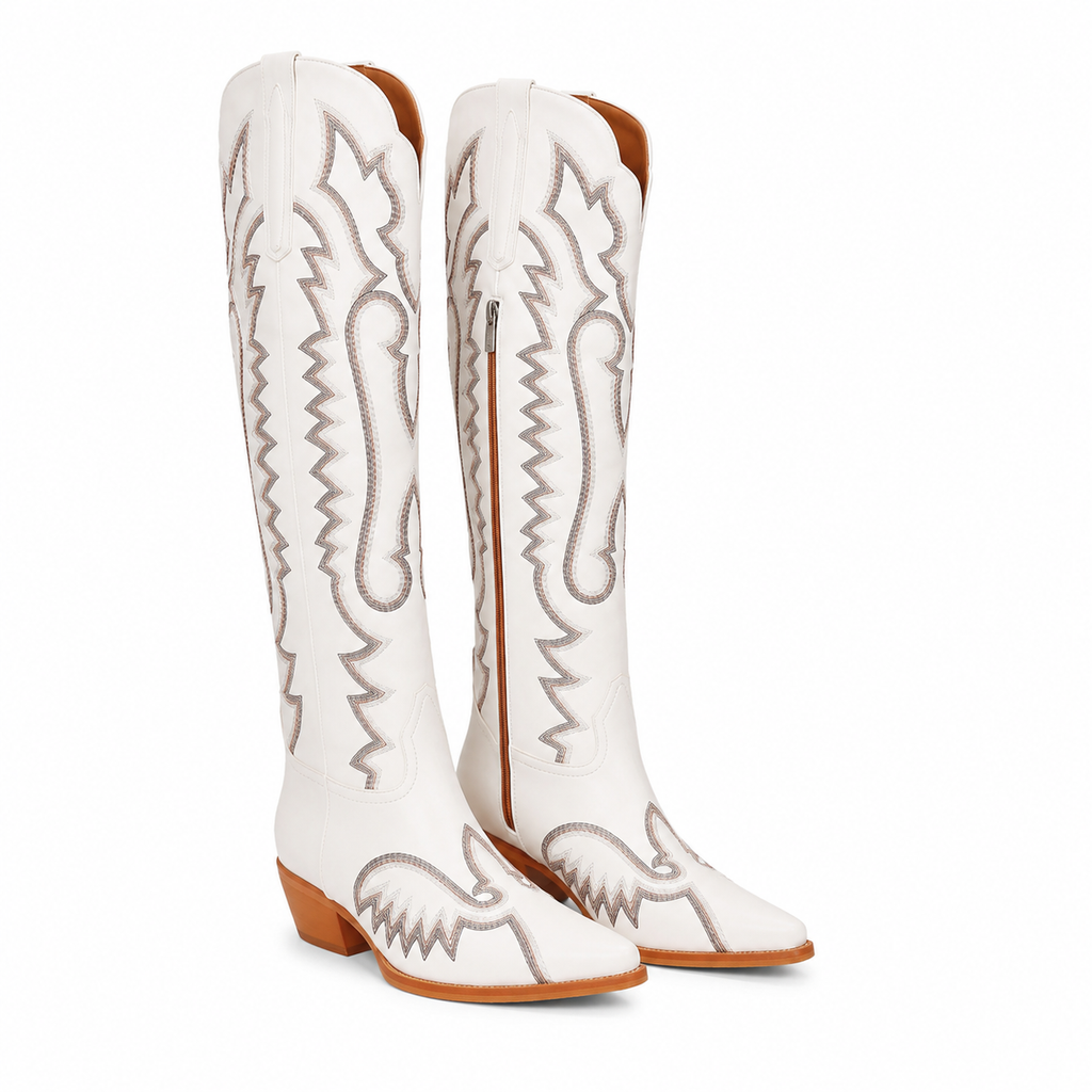 Warm Beige Women's Snip-Toe Block-Heel Sheepskin Embroidered Knee-High Boots