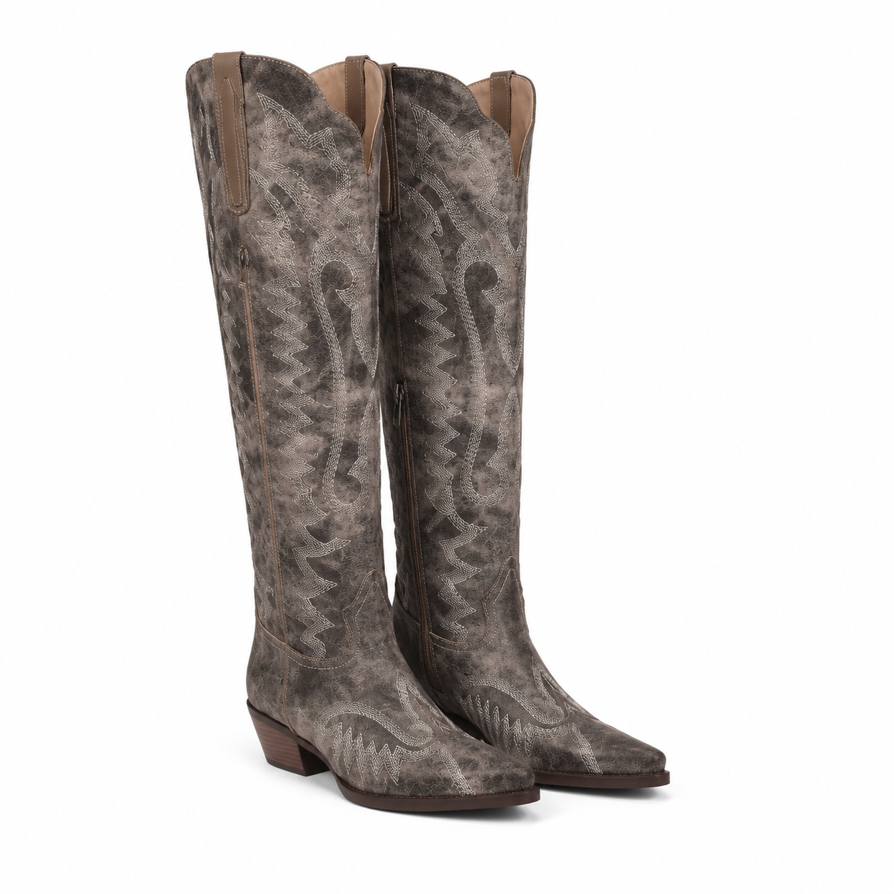 Rich Brown 2 Women's Snip-Toe Block-Heel Sheepskin Embroidered Knee-High Boots