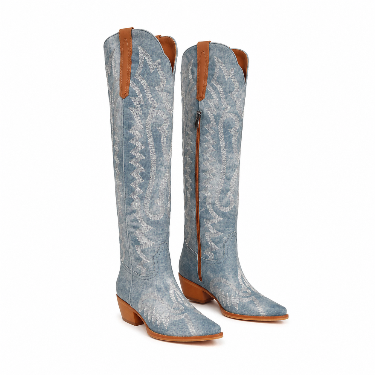 Hazy Blue Women's Snip-Toe Block-Heel Sheepskin Embroidered Knee-High Boots