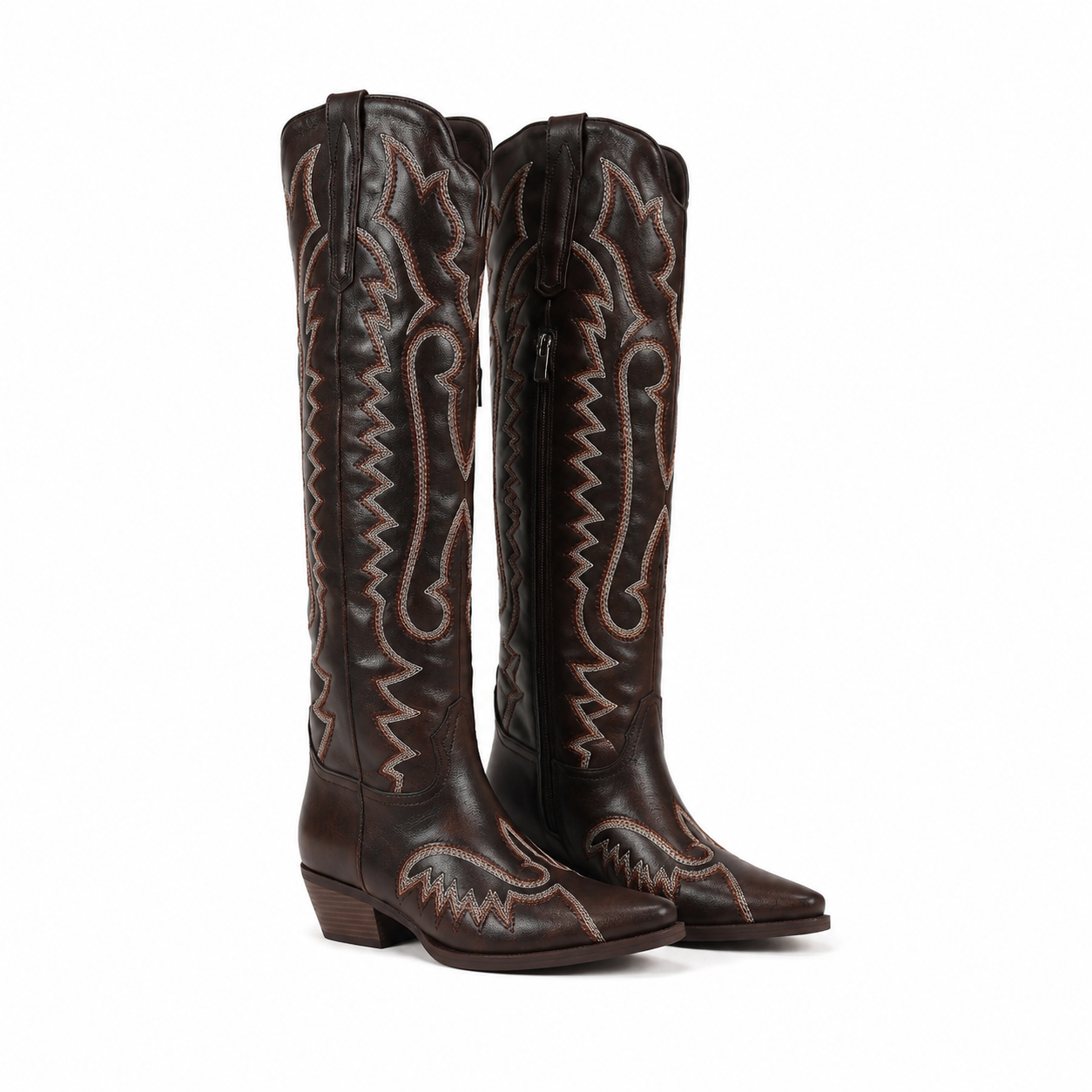 Rich Brown Women's Snip-Toe Block-Heel Sheepskin Embroidered Knee-High Boots