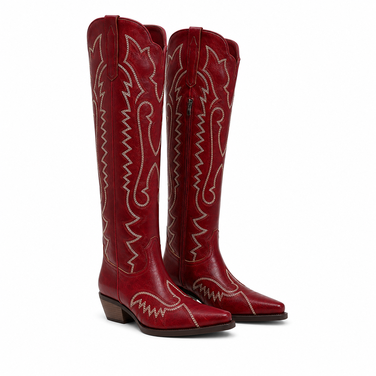 Deep Wine Women's Snip-Toe Block-Heel Sheepskin Embroidered Knee-High Boots