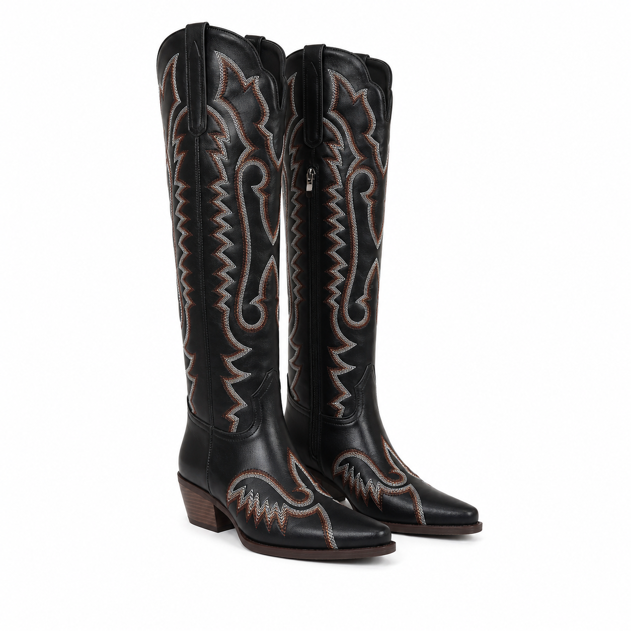 Deep Black Women's Snip-Toe Block-Heel Sheepskin Embroidered Knee-High Boots