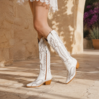 Warm Beige Women's Snip-Toe Block-Heel Sheepskin Embroidered Knee-High Boots on-foot view