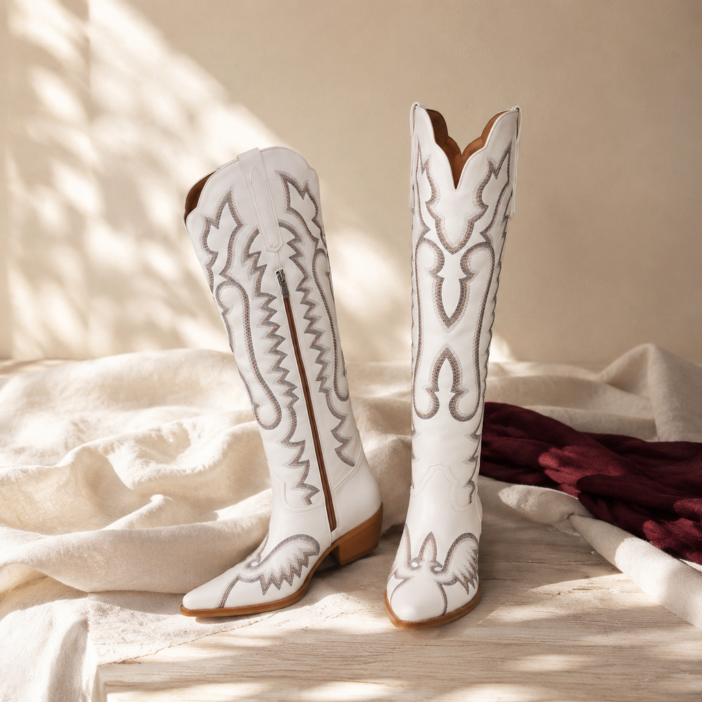 Warm Beige Women's Snip-Toe Block-Heel Sheepskin Embroidered Knee-High Boots styled scene