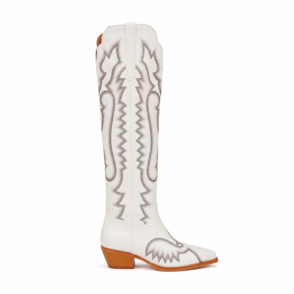 Warm Beige Women's Snip-Toe Block-Heel Sheepskin Embroidered Knee-High Boots side view
