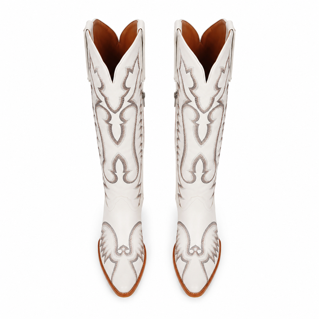 Warm Beige Women's Snip-Toe Block-Heel Sheepskin Embroidered Knee-High Boots top view