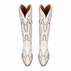 Warm Beige Women's Snip-Toe Block-Heel Sheepskin Embroidered Knee-High Boots top view