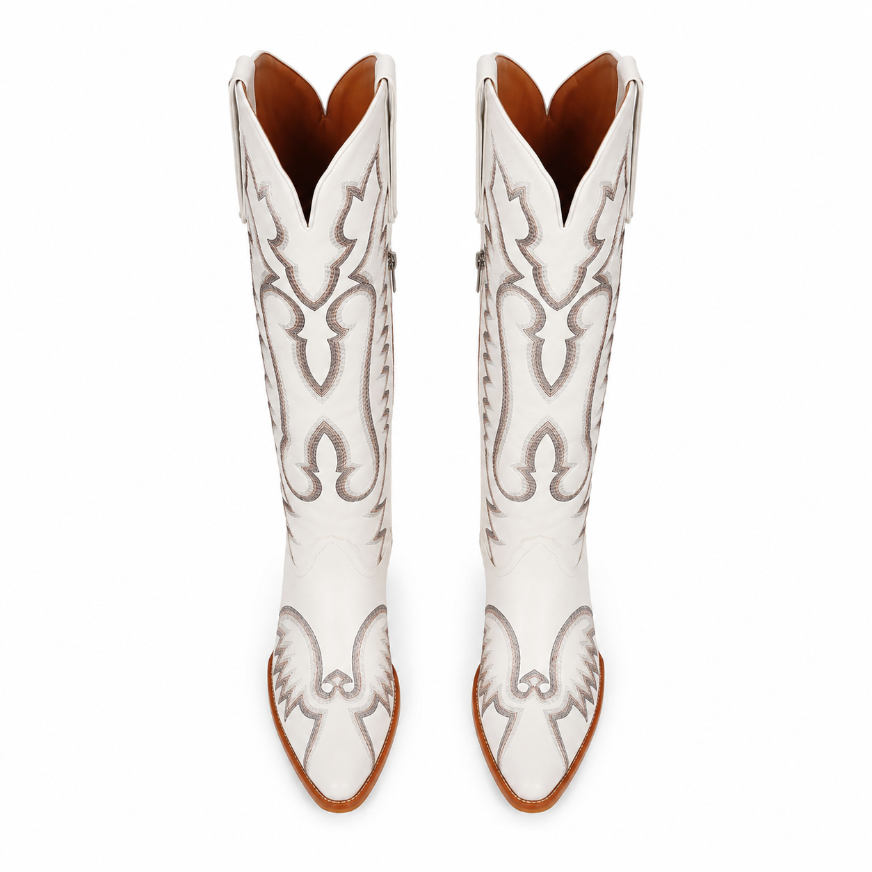 Warm Beige Women's Snip-Toe Block-Heel Sheepskin Embroidered Knee-High Boots top view
