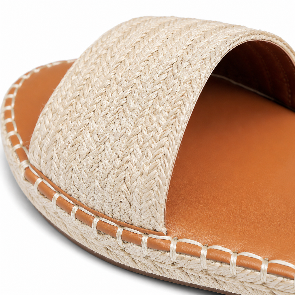 Soft Apricot Women's Open-Toe Flat Straw Slip-On Sandals close-up detail