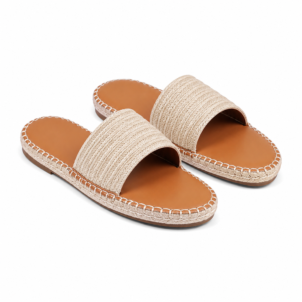 Soft Apricot Women's Open-Toe Flat Straw Slip-On Sandals