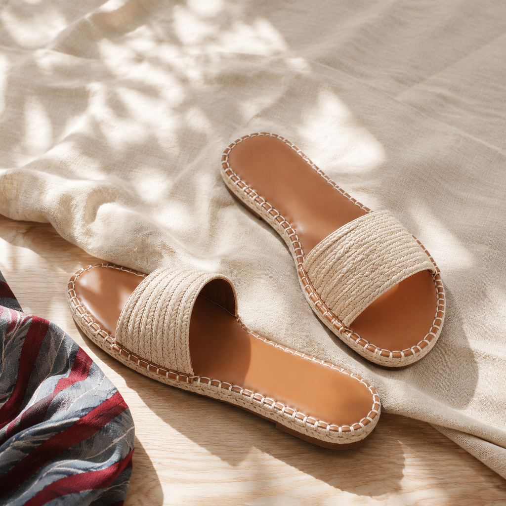 Soft Apricot Women's Open-Toe Flat Straw Slip-On Sandals styled scene