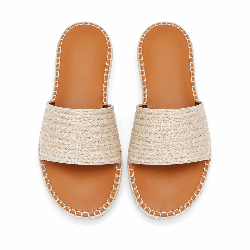 Soft Apricot Women's Open-Toe Flat Straw Slip-On Sandals top view