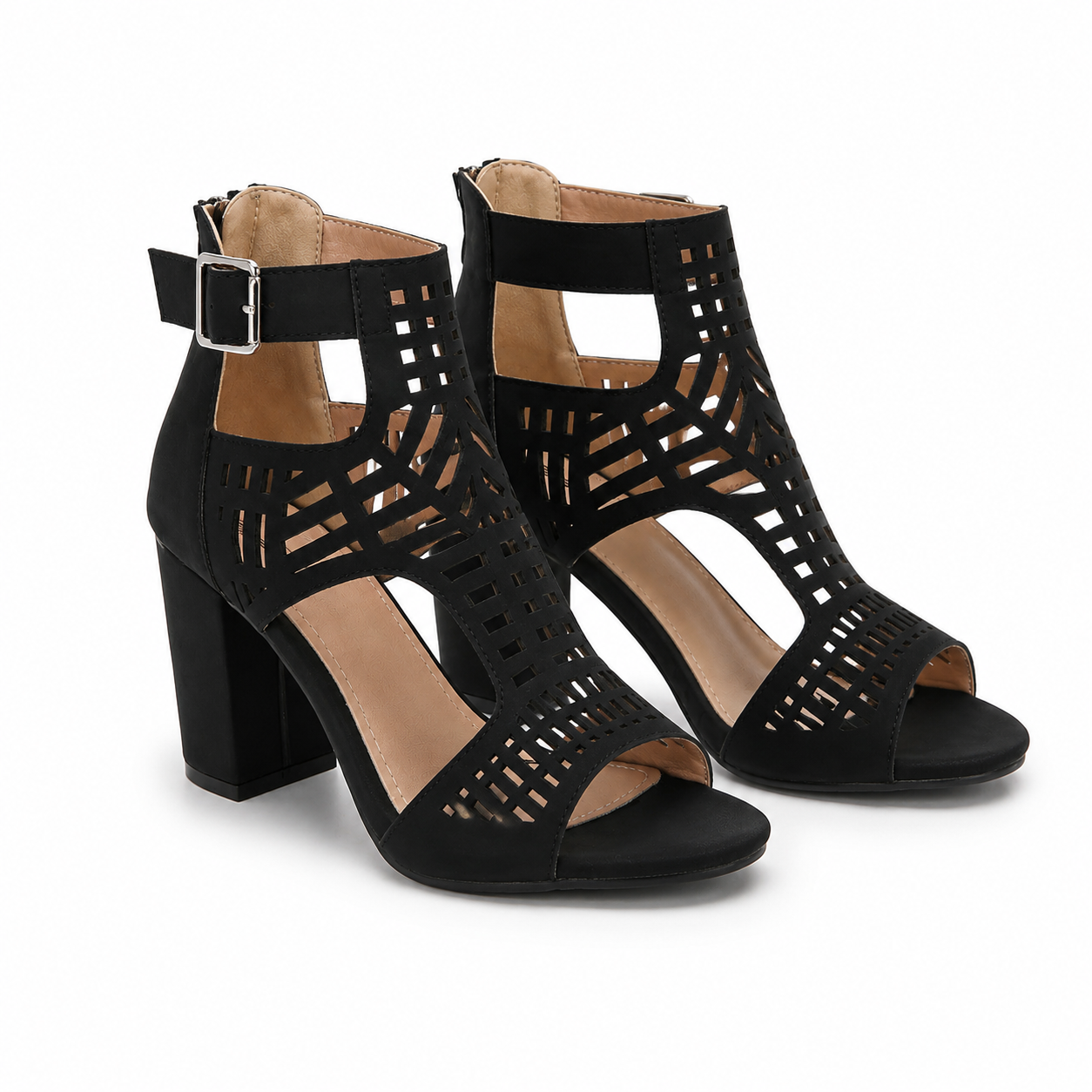 Deep Black Women's Open-Toe High-Heel Faux Leather Ankle-Strap Sandals