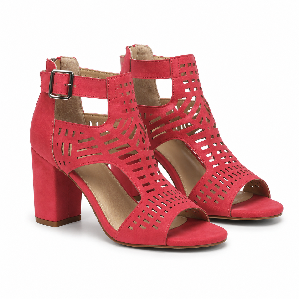 Deep Red Women's Open-Toe High-Heel Faux Leather Ankle-Strap Sandals