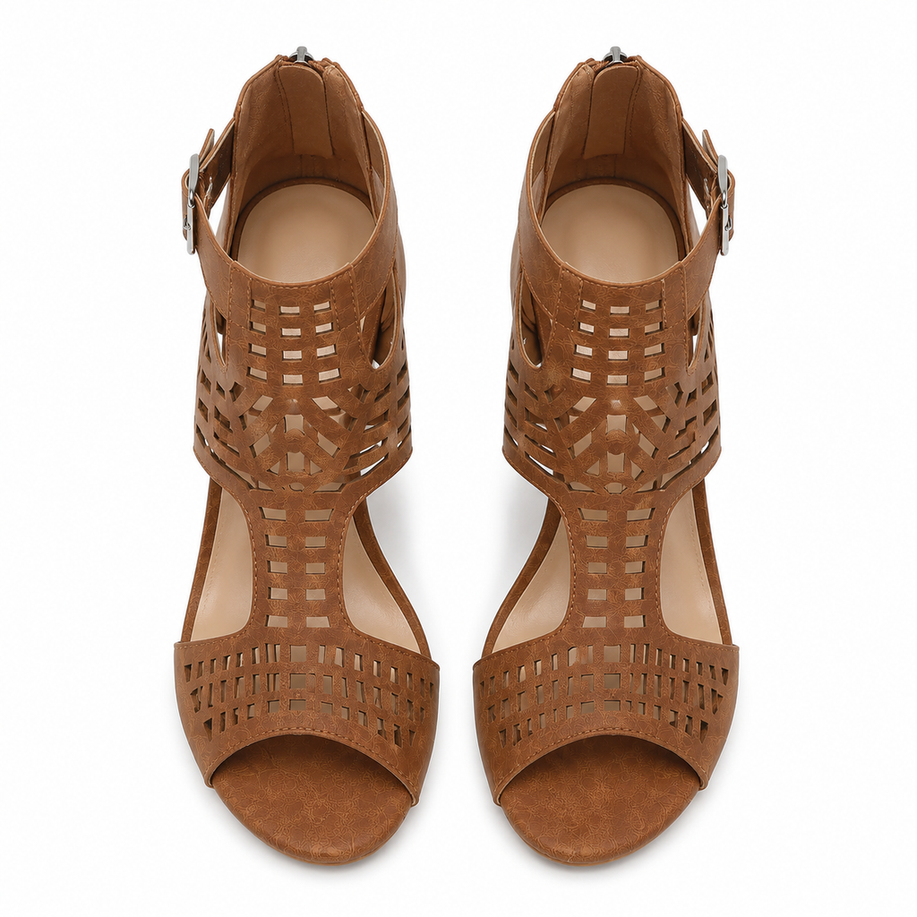 Rich Brown Women's Open-Toe High-Heel Faux Leather Ankle-Strap Sandals top view