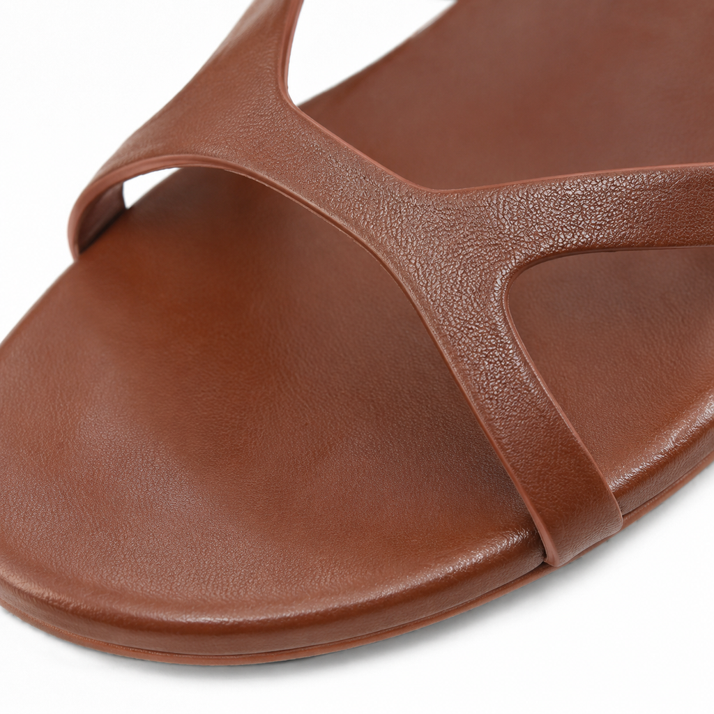 Rich Brown Women's Open-Toe High-Heel Faux Leather Criss-Cross Sandals close-up detail