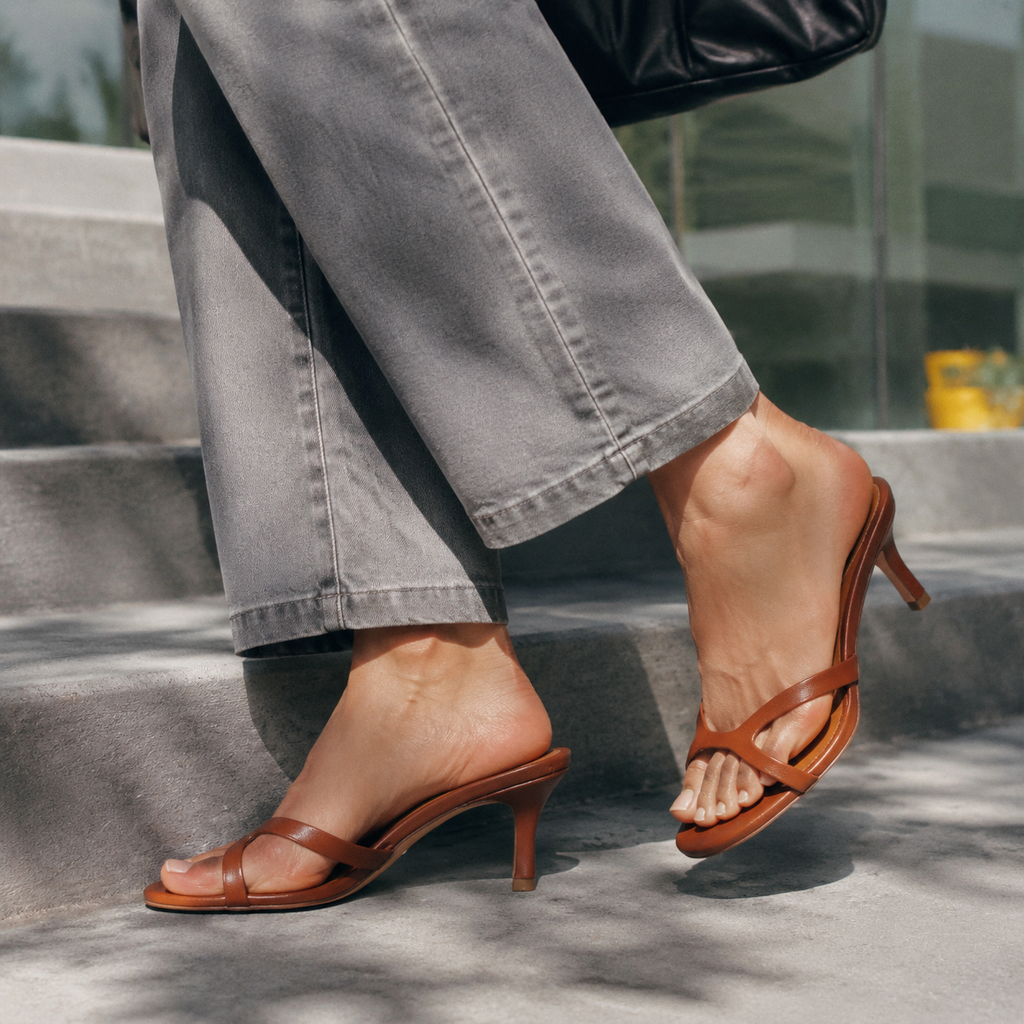 Rich Brown Women's Open-Toe High-Heel Faux Leather Criss-Cross Sandals on-foot view
