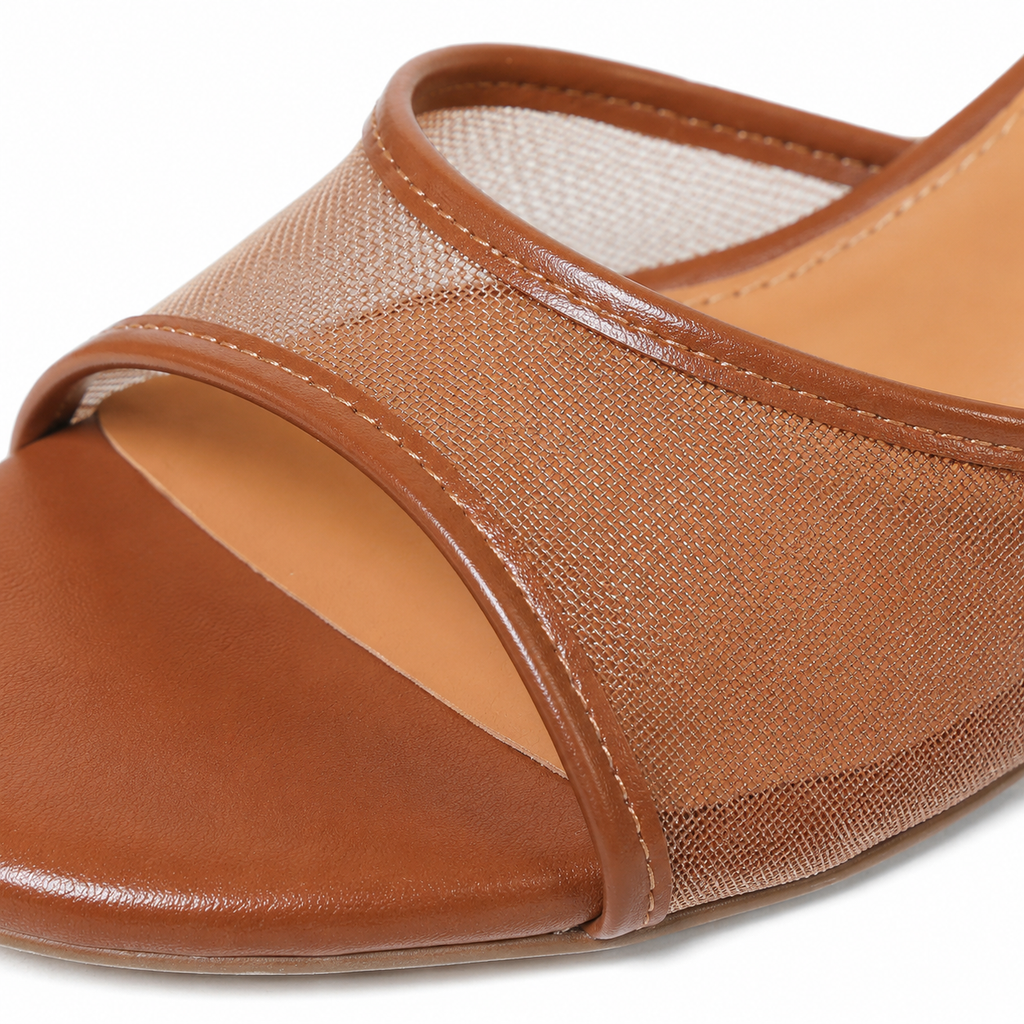 Rich Brown Women's Square-Toe Thin-Heel Textile Slip-On Mule Pumps close-up detail