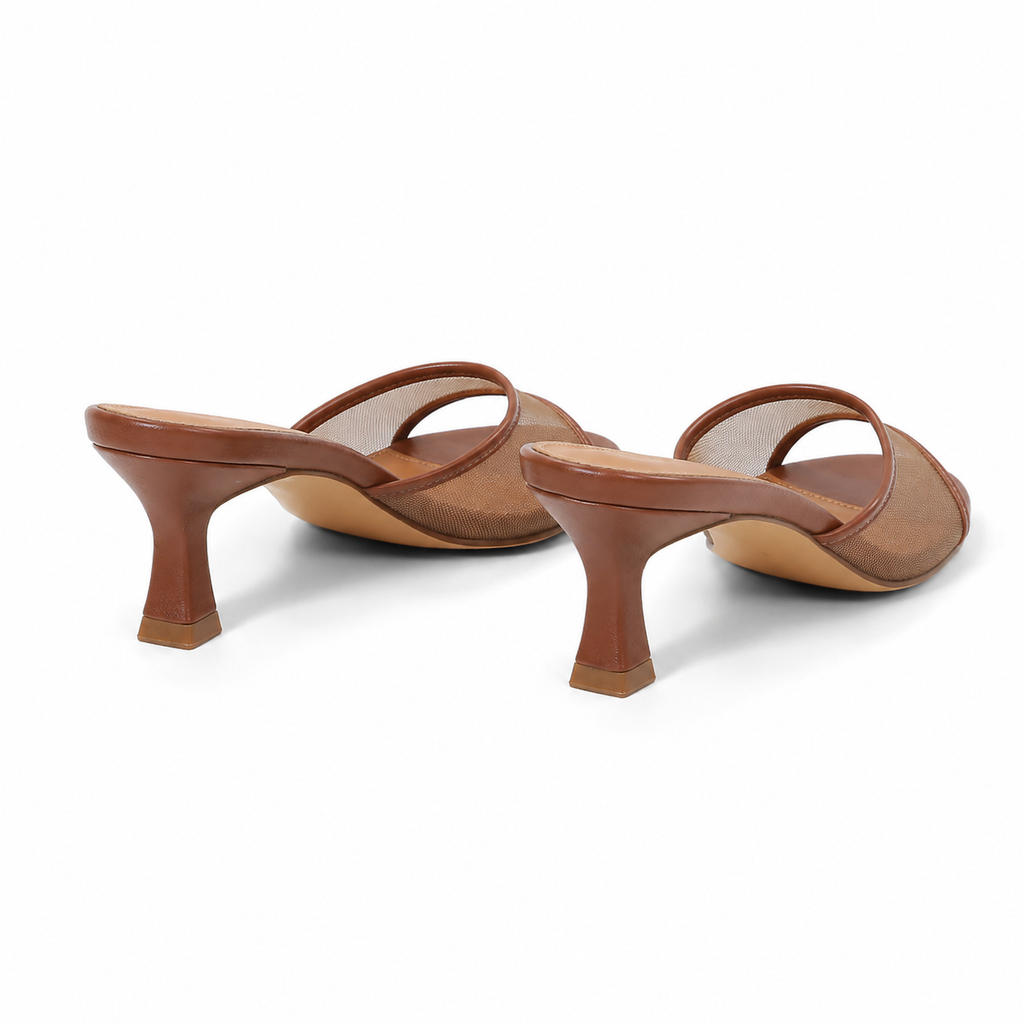 Rich Brown Women's Square-Toe Thin-Heel Textile Slip-On Mule Pumps heel detail