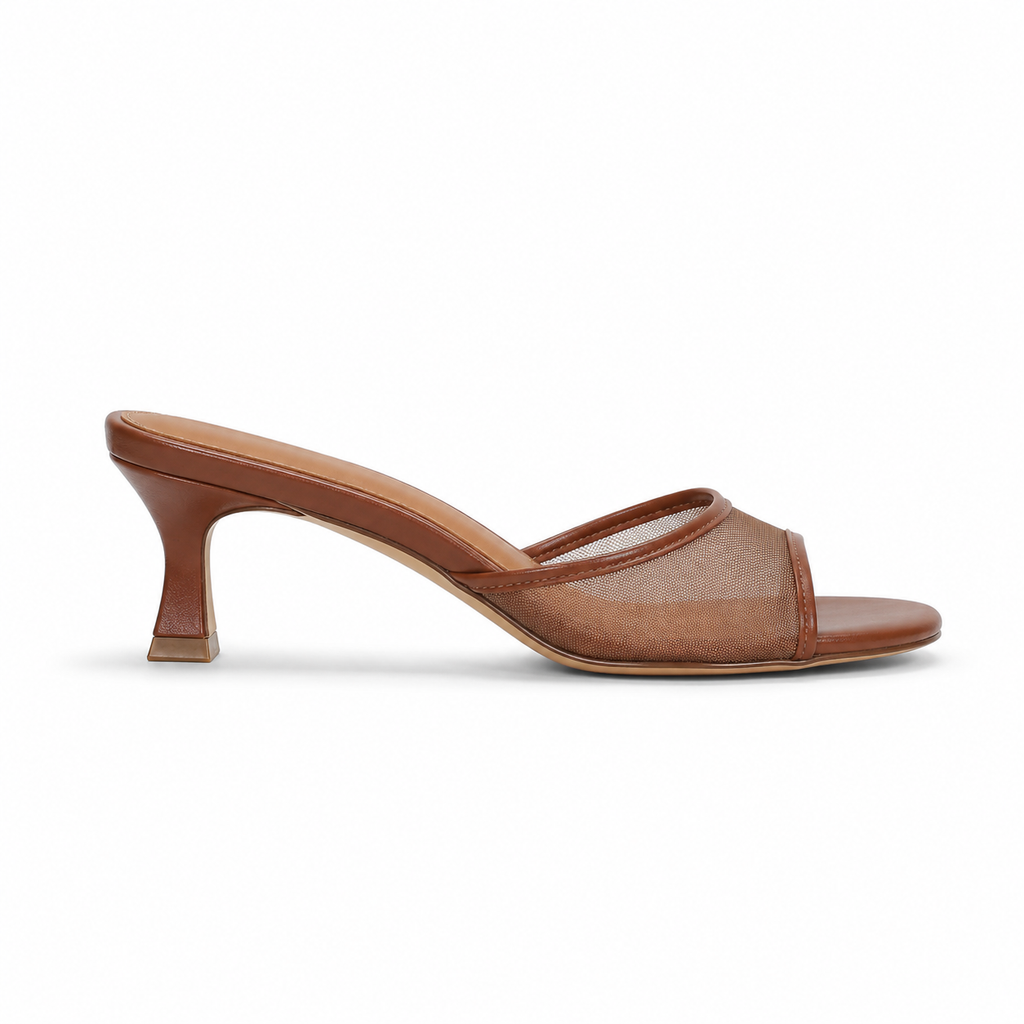 Rich Brown Women's Square-Toe Thin-Heel Textile Slip-On Mule Pumps side view