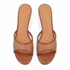 Rich Brown Women's Square-Toe Thin-Heel Textile Slip-On Mule Pumps top view