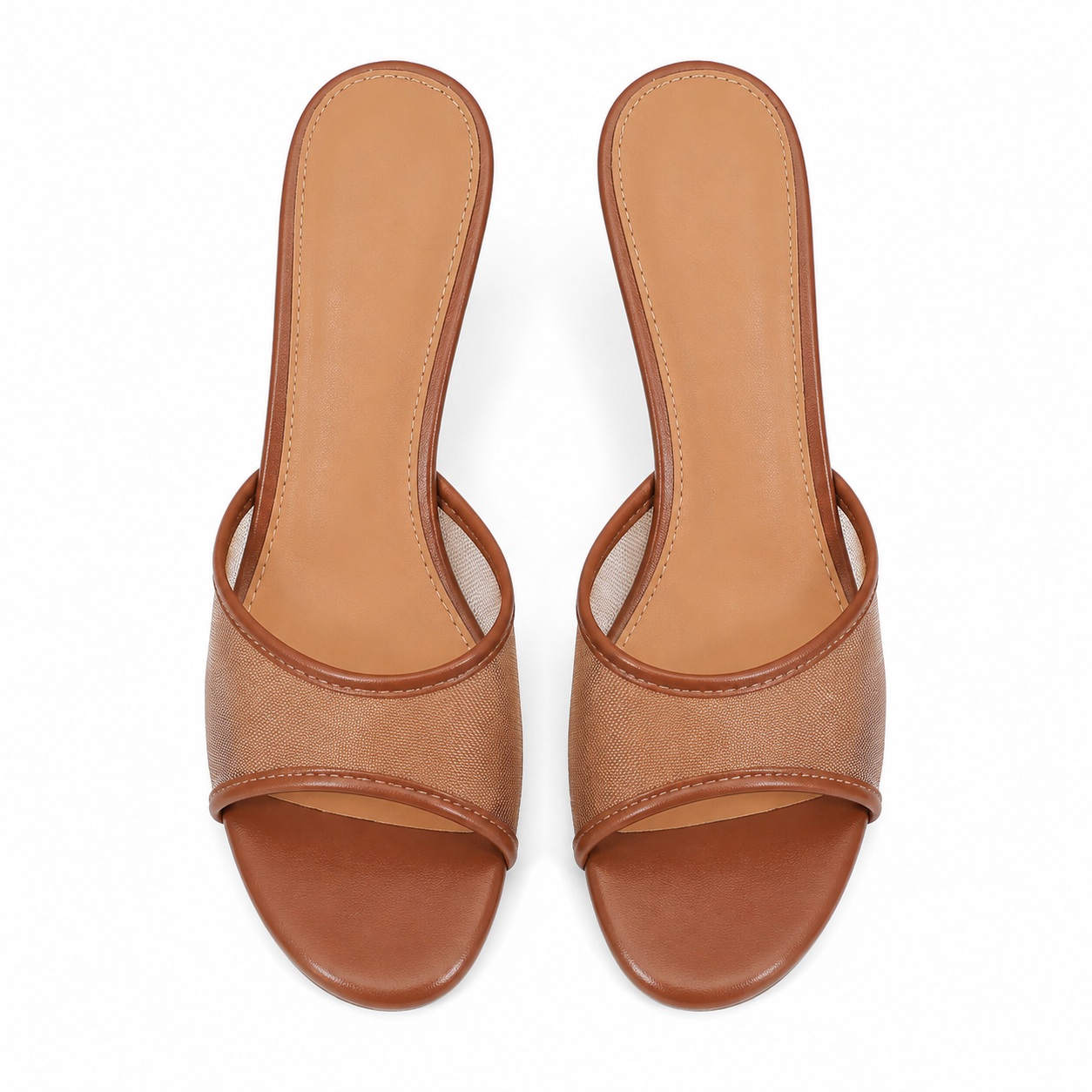 Rich Brown Women's Square-Toe Thin-Heel Textile Slip-On Mule Pumps top view