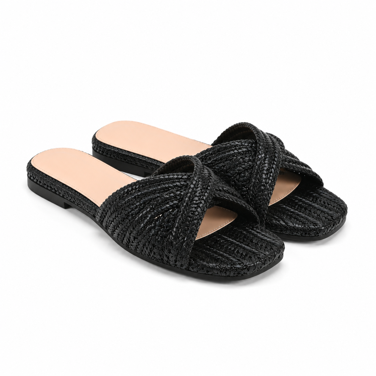 Black Straw Women's Open-Toe Flat Straw Slip-On Slippers