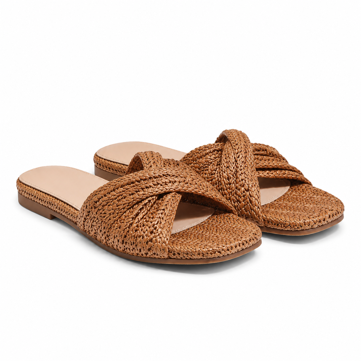 Brown Straw Women's Open-Toe Flat Straw Slip-On Slippers