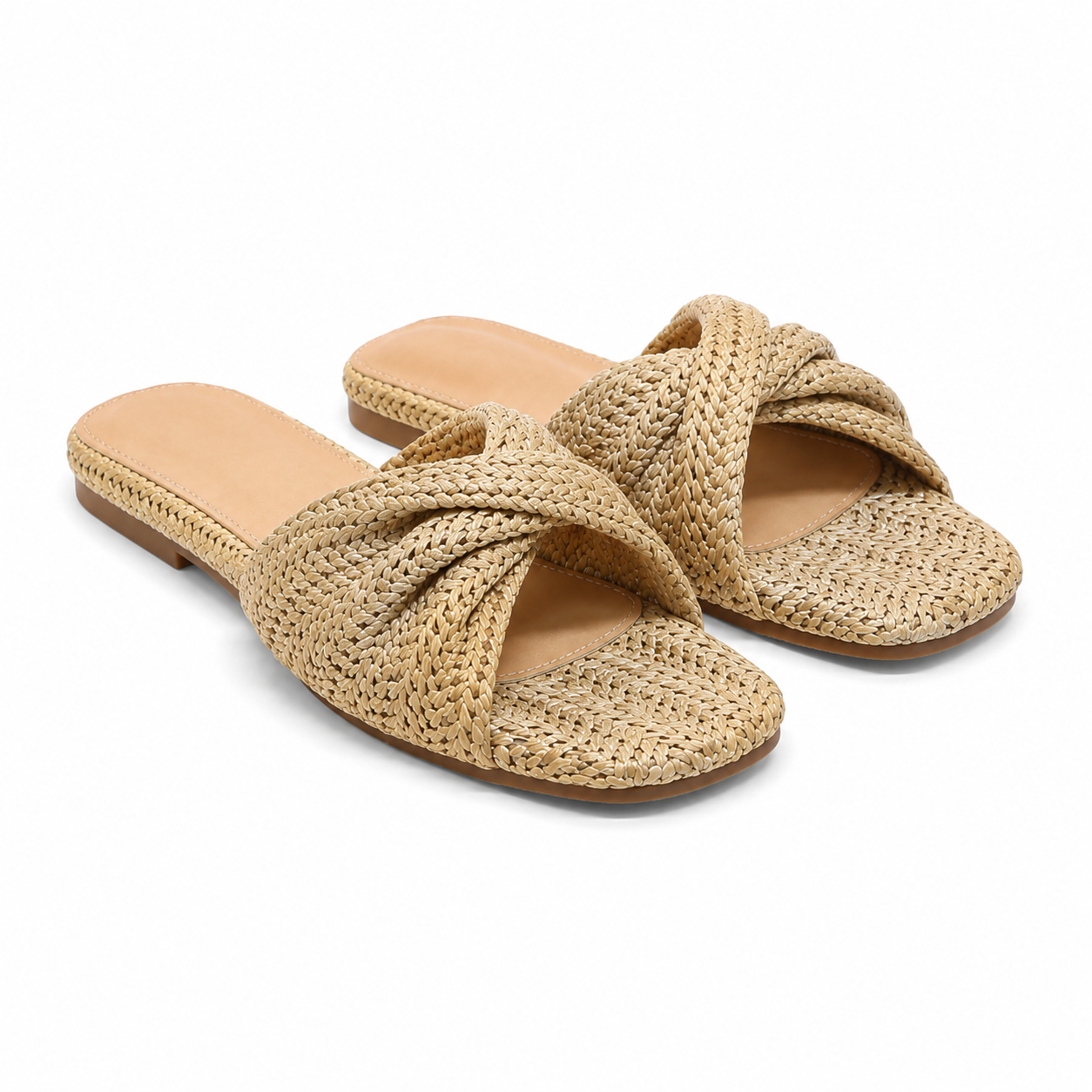 Brown Straw 2 Women's Open-Toe Flat Straw Slip-On Slippers