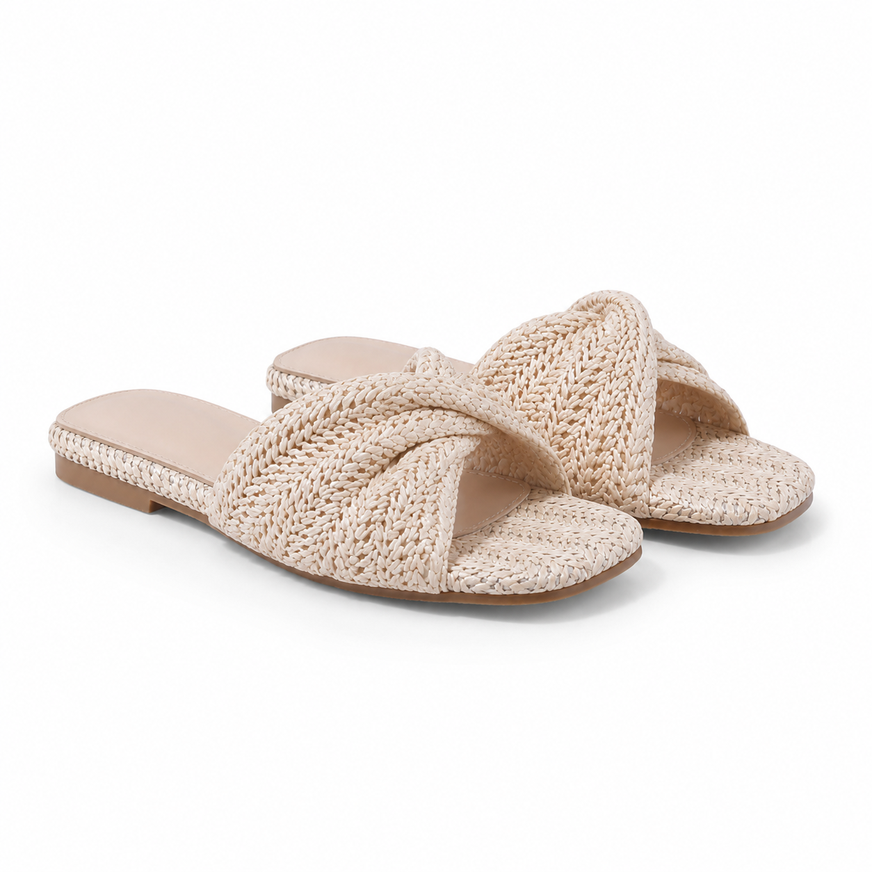 Beige Straw Women's Open-Toe Flat Straw Slip-On Slippers