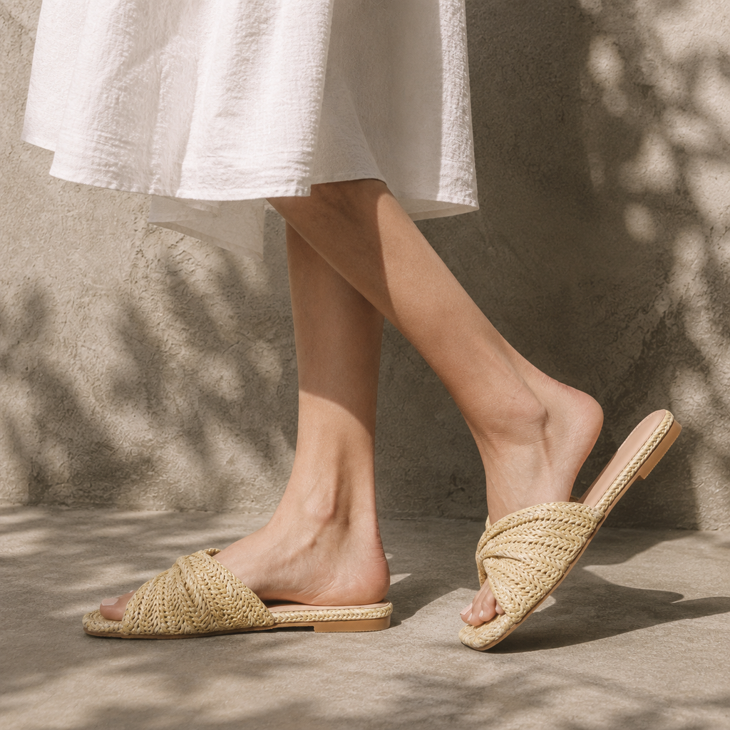 Apricot Straw Women's Open-Toe Flat Straw Slip-On Slippers on-foot view