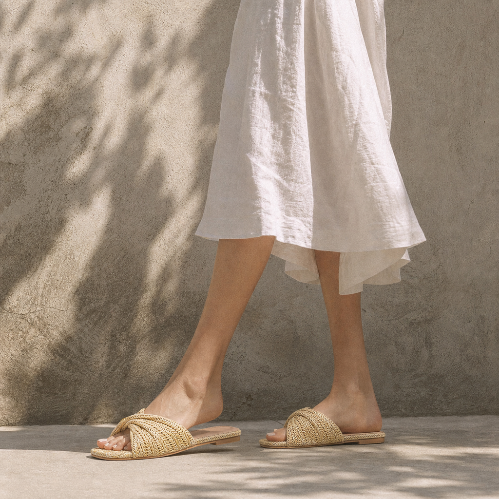 Apricot Straw Women's Open-Toe Flat Straw Slip-On Slippers lifestyle scene