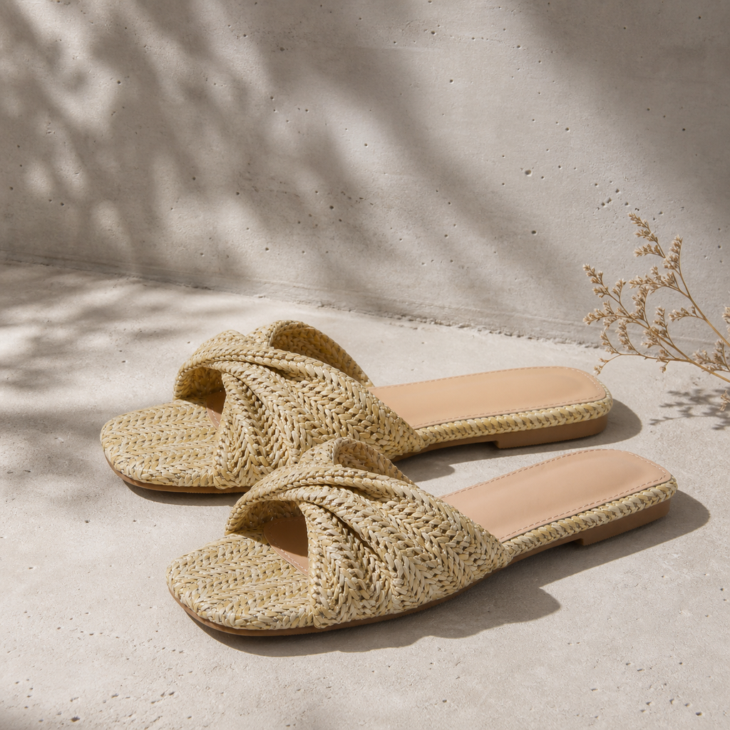Apricot Straw Women's Open-Toe Flat Straw Slip-On Slippers styled scene