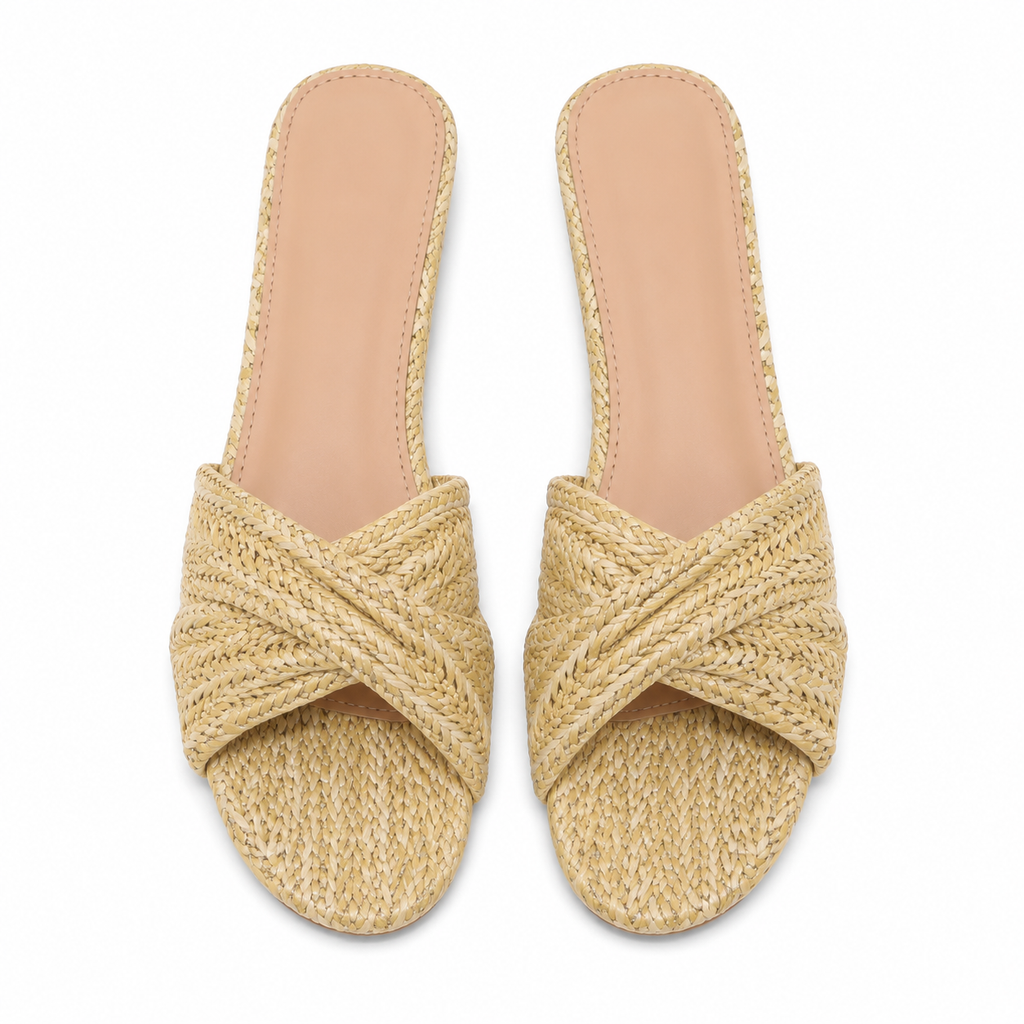 Apricot Straw Women's Open-Toe Flat Straw Slip-On Slippers top view