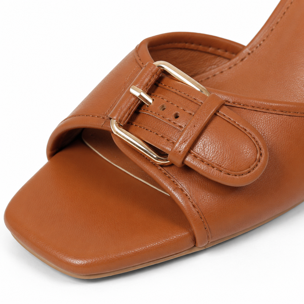 Rich Brown Women's Open-Toe Flared-Heel Microfiber Toe-Strap Pumps close-up detail